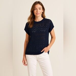 Women’s Navy Blue Open Knit Sheer Tunic Top XL Boho Coastal Beach Cottagecore